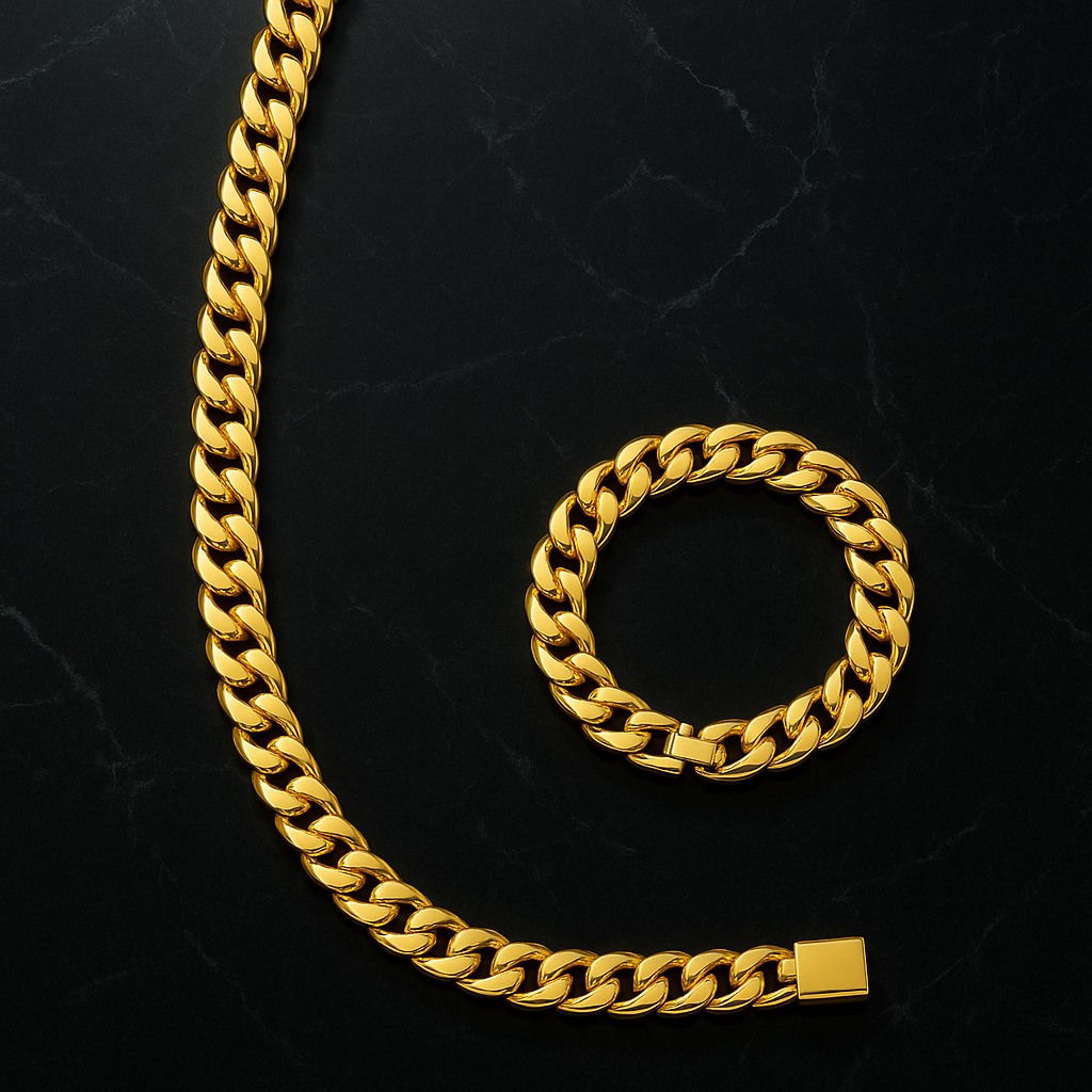 "Cuban" Goudkleurige Ketting & Armband (8mm)